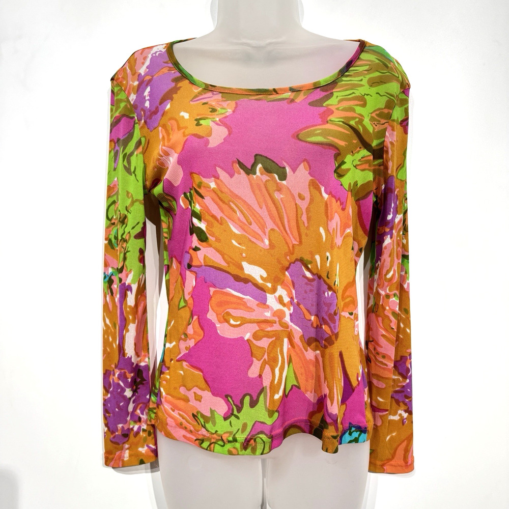 VTG Y2K Sheer Mesh Floral Top Sz M Multicolor Retro Hippie Rave Maximalist